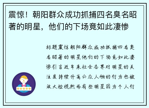 震惊！朝阳群众成功抓捕四名臭名昭著的明星，他们的下场竟如此凄惨